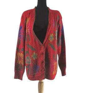 Bogner sweater Red Floral Silk Blend Long Sleeve Button Up Cardigan Sweater Sz 8